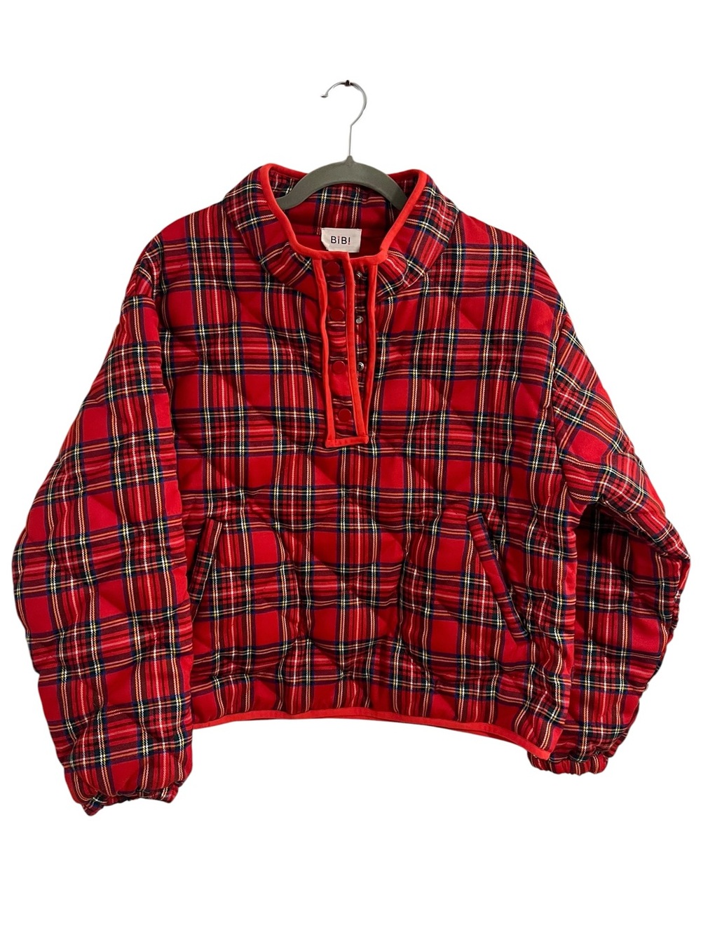 BiBi Red Tartan Christmas Plaid Quilted Pullover Puffer Jacket with Snap Buttons